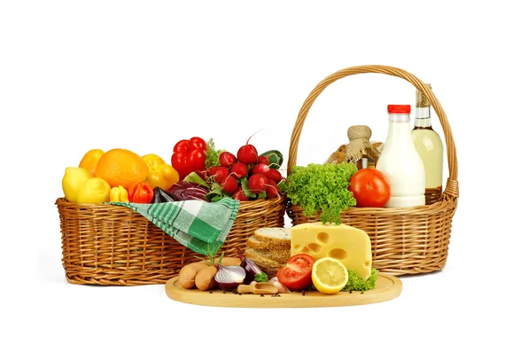 Basket, eggs, cheese, milk, bow, bread, fruit, vegetables