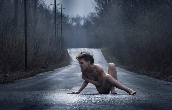 Road, autumn, girl, pose, the situation, naked