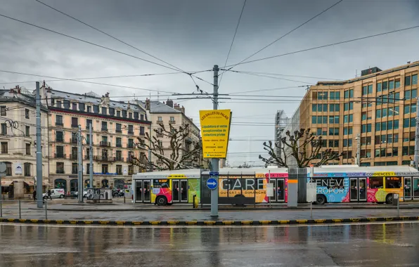 Picture Switzerland, Street, Rain, Building, Bus, Switzerland, Street, Rain