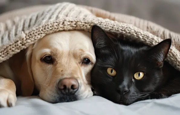 Cat, cat, look, comfort, together, dog, plaid, a couple