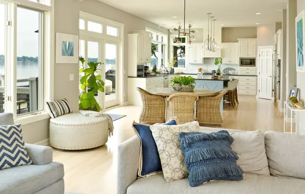 Interior, kitchen, living room, cozy, dining room, river view