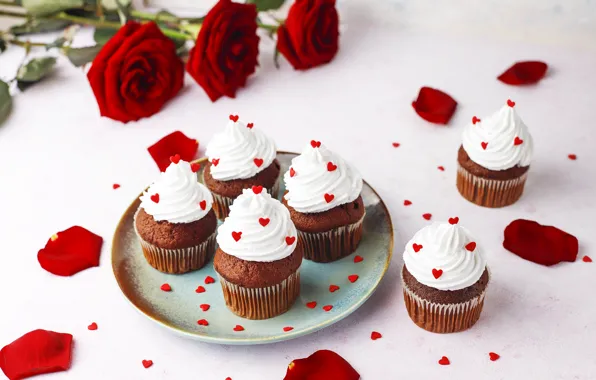 Roses, bouquet, Valentine's day, cupcakes