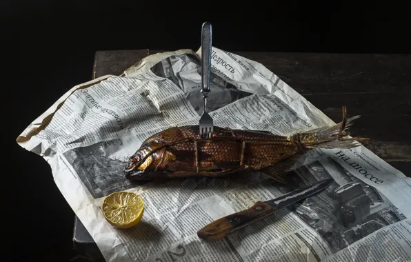 Table, lemon, Board, fish, knife, newspaper, plug, black background