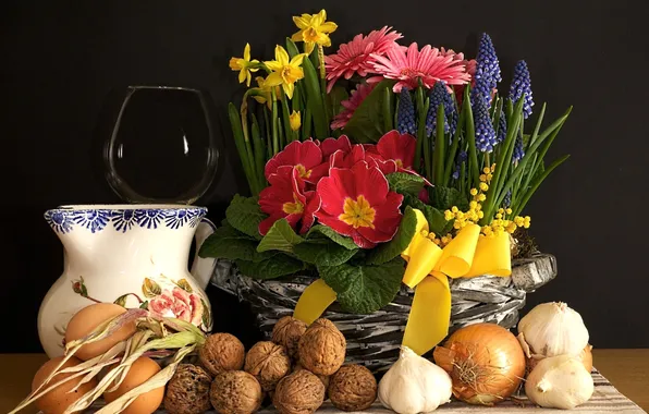 Flowers, bow, nuts, still life, daffodils, spring flowers, garlic, walnut