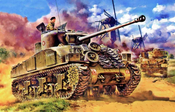 Weapon, war, art, painting, tank, ww2, Sherman Firefly