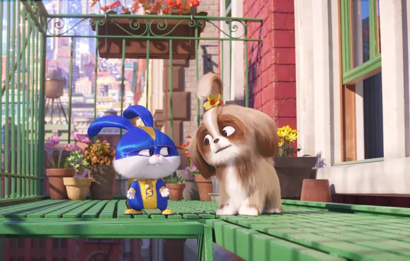 Flowers, rabbit, puppy, balcony, super hero, The Secret Life Of Pets 2, The Secret Life …