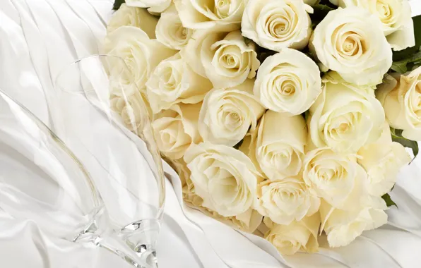 Bouquet, glasses, white, white roses, flowers, roses