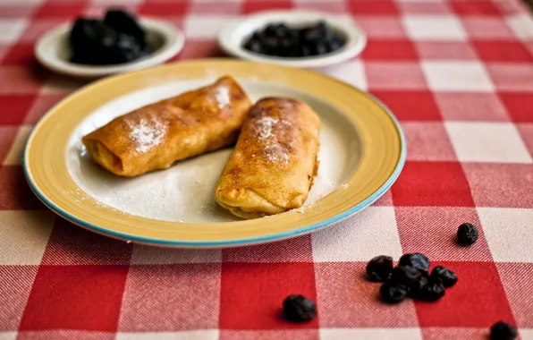 Table, berry, plate, pancakes, dessert, tablecloth, carnival, powdered sugar