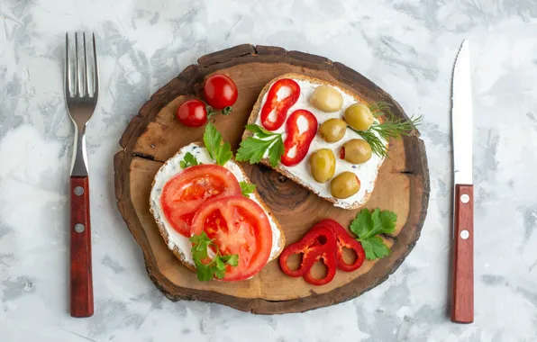 Bread, light background, tomatoes, olives, stand, sandwiches