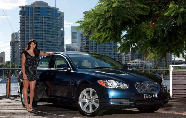 Road, auto, look, girl, trees, smile, building, Jaguar