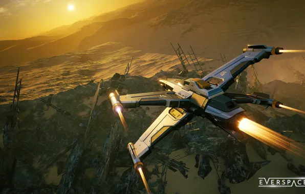 The sun, surface, sunset, planet, spaceship, starship, spaceship, Everspace 2