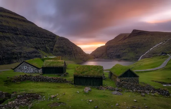 Mountains, houses, Faroe Islands, Saksuni