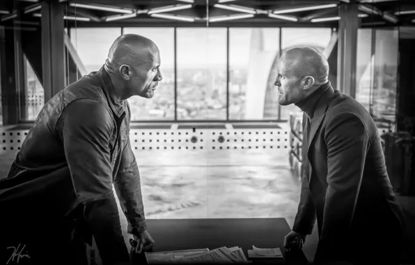 Picture still from the film, Show, black and white photo, Hobbs, Fast & Furious Presents: Hobbs …