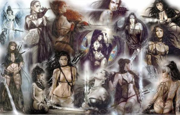 Girls, swords, Luis Royo, warrior