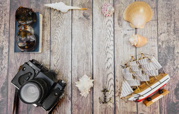 Sea, summer, shell, glasses, the camera, Notepad, phone, accessories