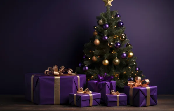 Balls, the dark background, Christmas, purple, gifts, New year, tree, bows