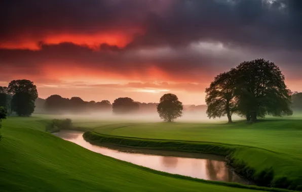 Summer, landscape, nature, fog, river, dawn, morning