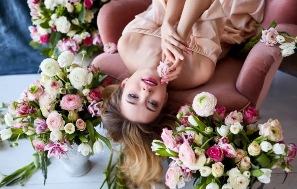 Picture look, flowers, pose, roses, chair, makeup, dress, hairstyle