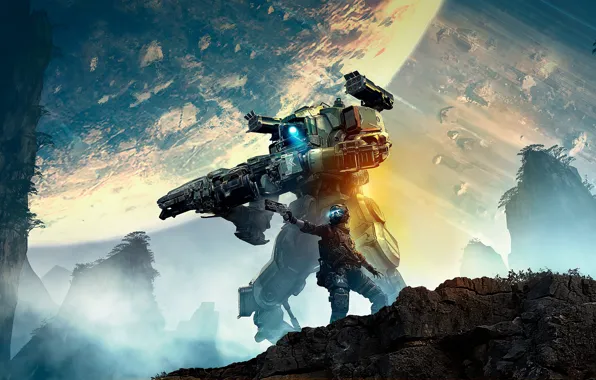 Picture weapons, planet, robot, warrior, Titanfall 2