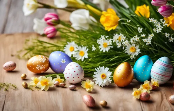Flowers, eggs, spring, colorful, Easter, happy, flowers, spring
