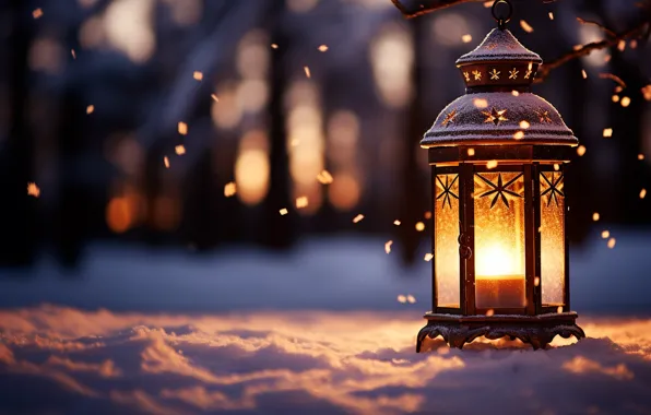 Winter, snow, decoration, New Year, Christmas, lantern, light, new year