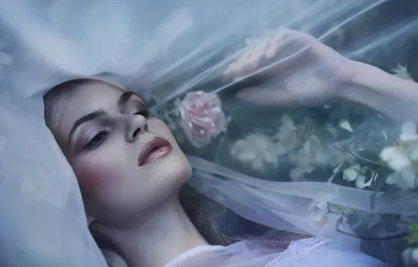 Girl, flowers, roses, makeup, the bride, veil, Agnieszka Lorek