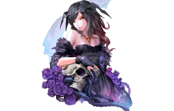 Picture girl, skull, roses, art, white background, patipat asavasena