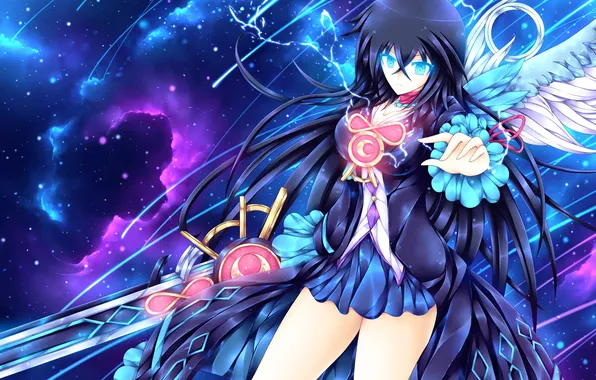 The sky, girl, space, stars, flight, weapons, magic, wings