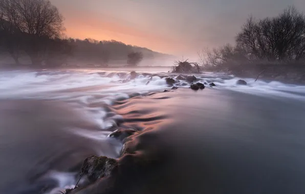 Landscape, sunset, fog, river