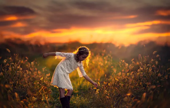 Field, sunset, space, girl