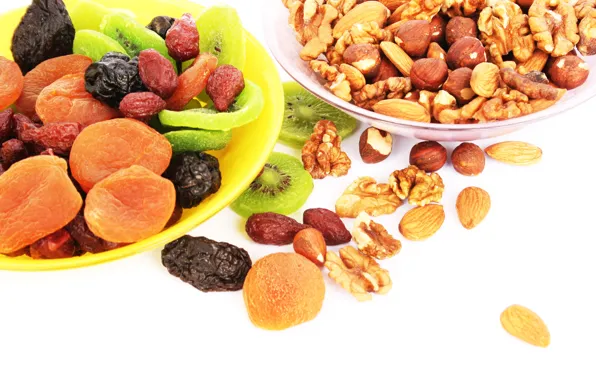 Kiwi, nuts, fruit, nuts, dried apricots, dried fruits, prunes