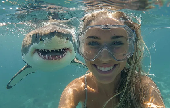 Picture Girl, Shark, Cool, Smile, Underwater, Teeth, AI Art