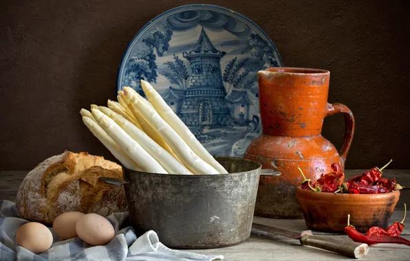 The dark background, food, eggs, bread, dishes, pepper, still life, dish