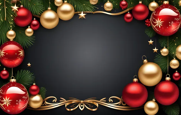 Stars, balls, branches, the dark background, pattern, graphics, Shine, Christmas