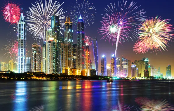 Night, lights, holiday, new year, skyscrapers, salute, Dubai, promenade