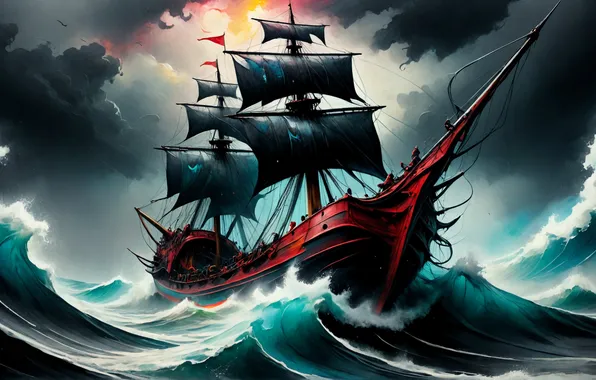 Wave, the ocean, ship, sailboat, stylized painting
