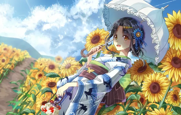 Picture girl, sunflowers, umbrella, anime, art