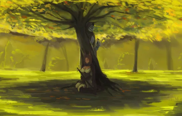 Picture girl, landscape, nature, weapons, tree, bird, sword, anime