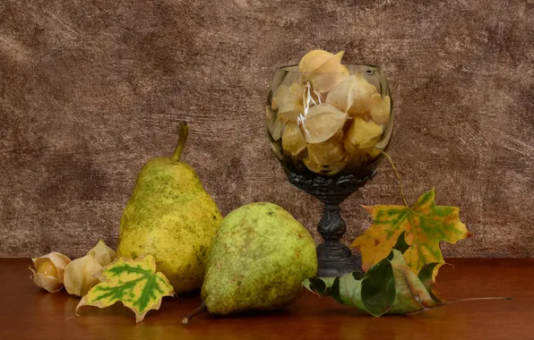 Leaves, flowers, glass, pear