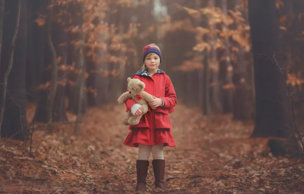 Autumn, forest, toy, bear, girl