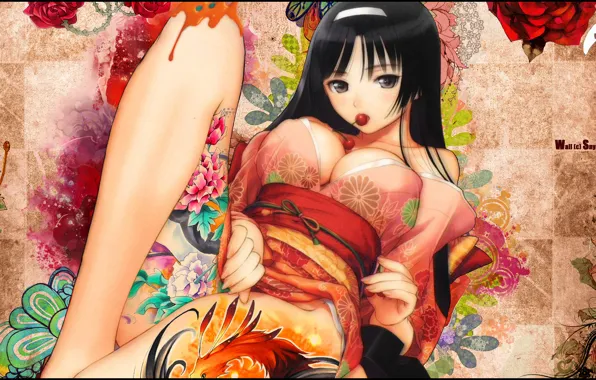 Girl, patterns, tattoo, geisha, cherry, tony taka ecchi