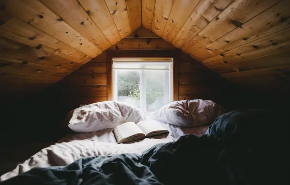 Picture light, house, room, window, bed, book, attic