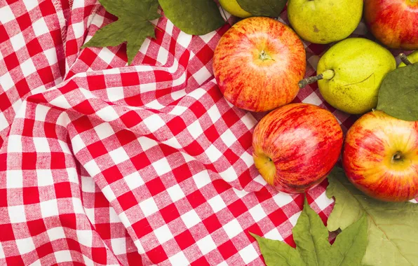 Leaves, apples, harvest, tablecloth