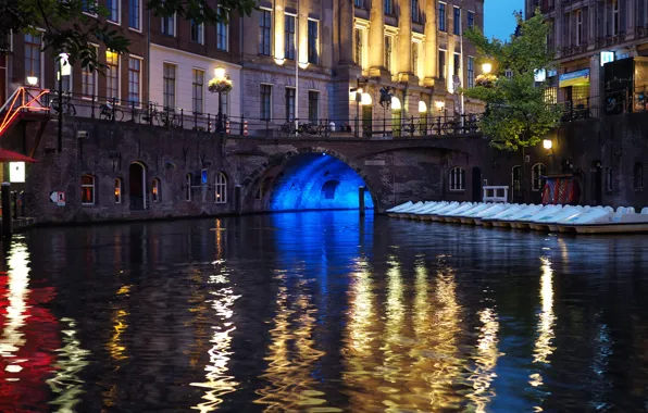 Home, The evening, Bridge, Street, Channel, Lights, Building, Netherlands