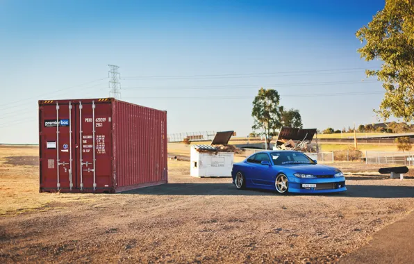 Picture blue, container, S15, Silvia, Nissan, Nissan, blue, front