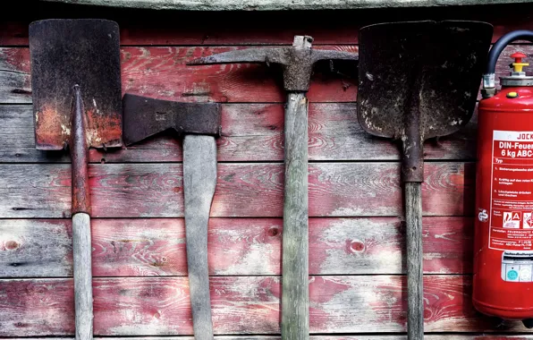 Picture axe, shovel, a fire extinguisher, fire shield