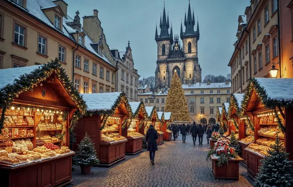 Winter, snow, decoration, city, the city, street, Christmas, New year