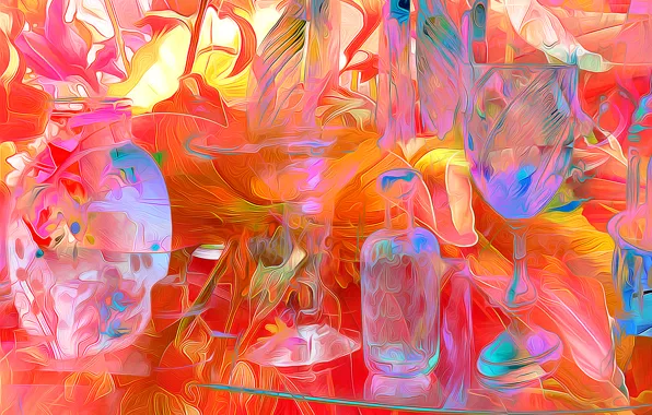 Picture line, glass, color, bottle, dishes, vase