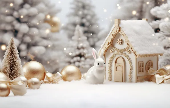 Winter, snow, balls, tree, New Year, Christmas, gifts, golden