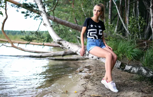 Shore, shorts, legs, birch, Andrey Zhukov, Anastasia Afanasieva